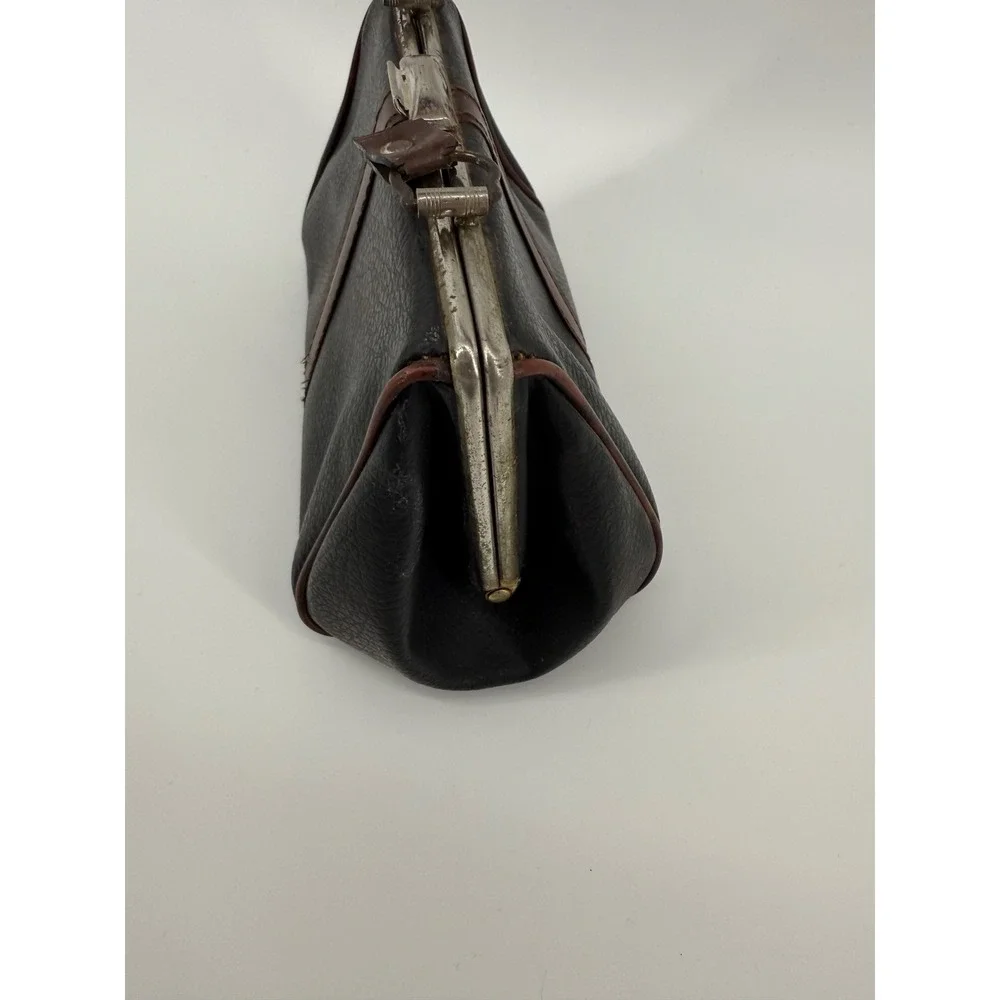 Vintage‎ Black Leather Clutch Purse Kiss Lock Frame Small Bag Women